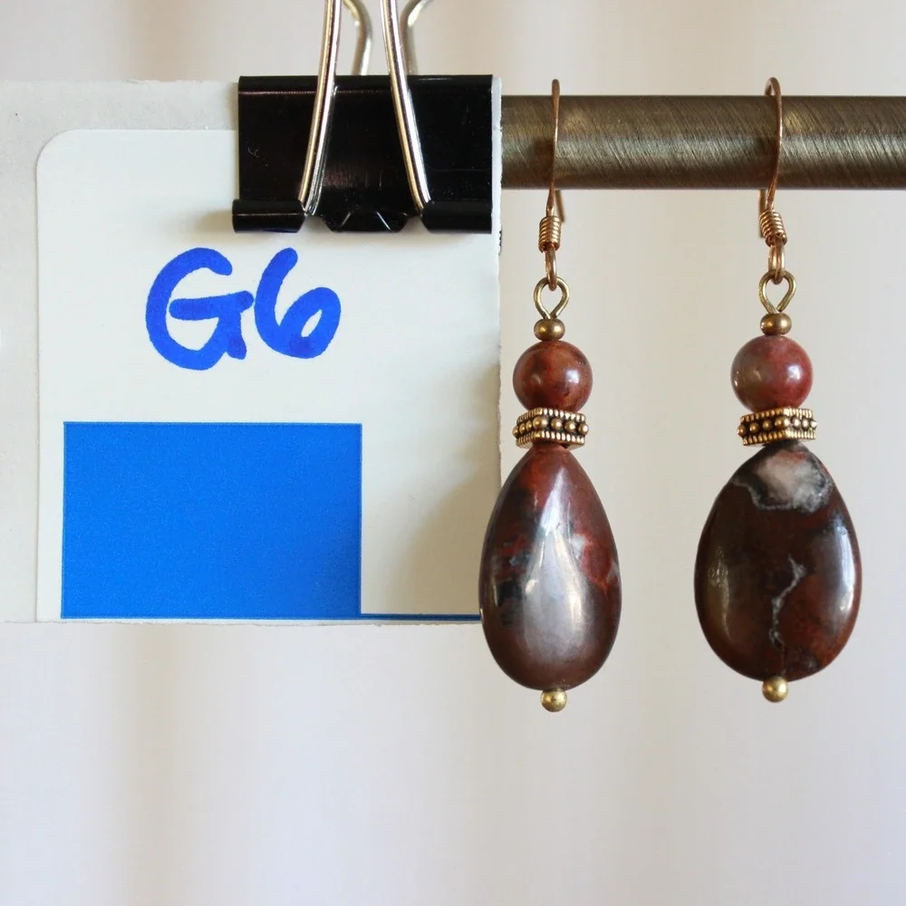 Jasper Stone Teardrop‎ Dangle Earrings Red Brown Boho Brass Tone Hook G6